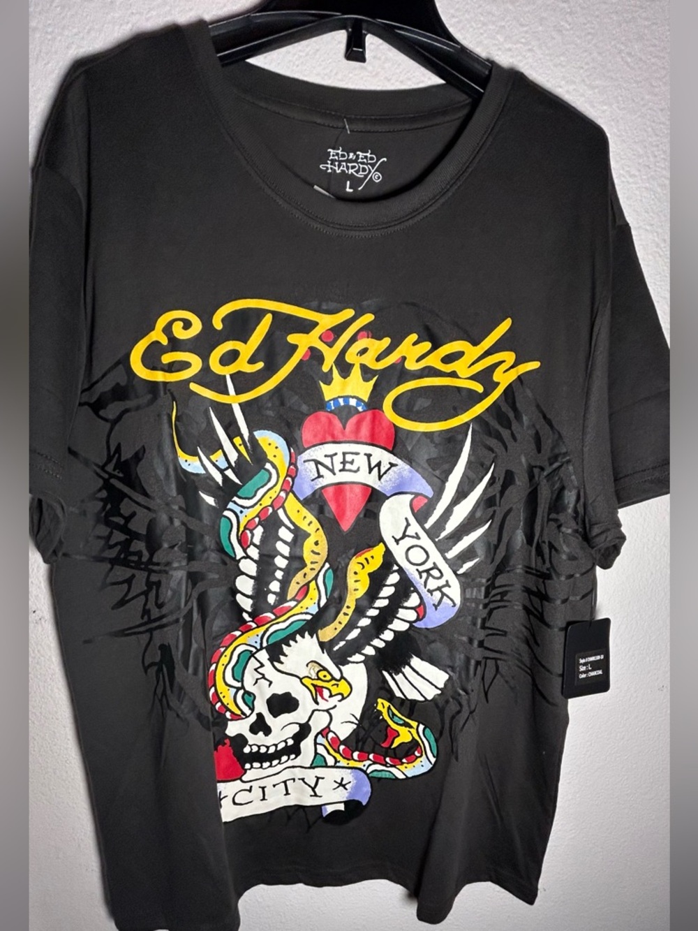 Ed Hardy Black Short Sleeve Graphic Tee with Multicolor Skull & Snake
